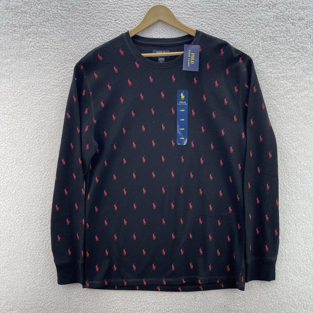 Polo Ralph Lauren Shirt Mens Large Blue Thermal Waffle Knit Preppy All Over Pony